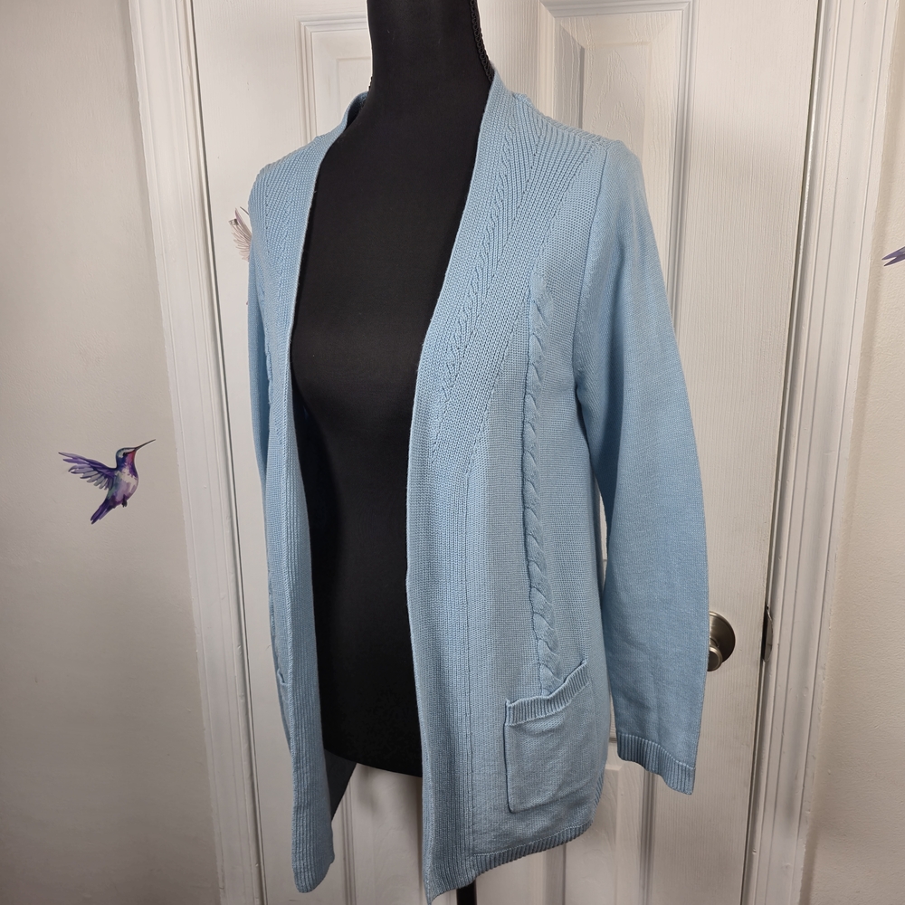 Talbots Petite Blue 100% Cotton Cable Knit Open Front Cardigan Sweater Pockets - Picture 5 of 7